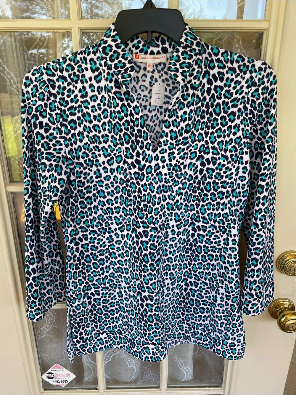 Jude Connally Leopard Print Mock Neck Top Small Blue Aqua USA Stretch